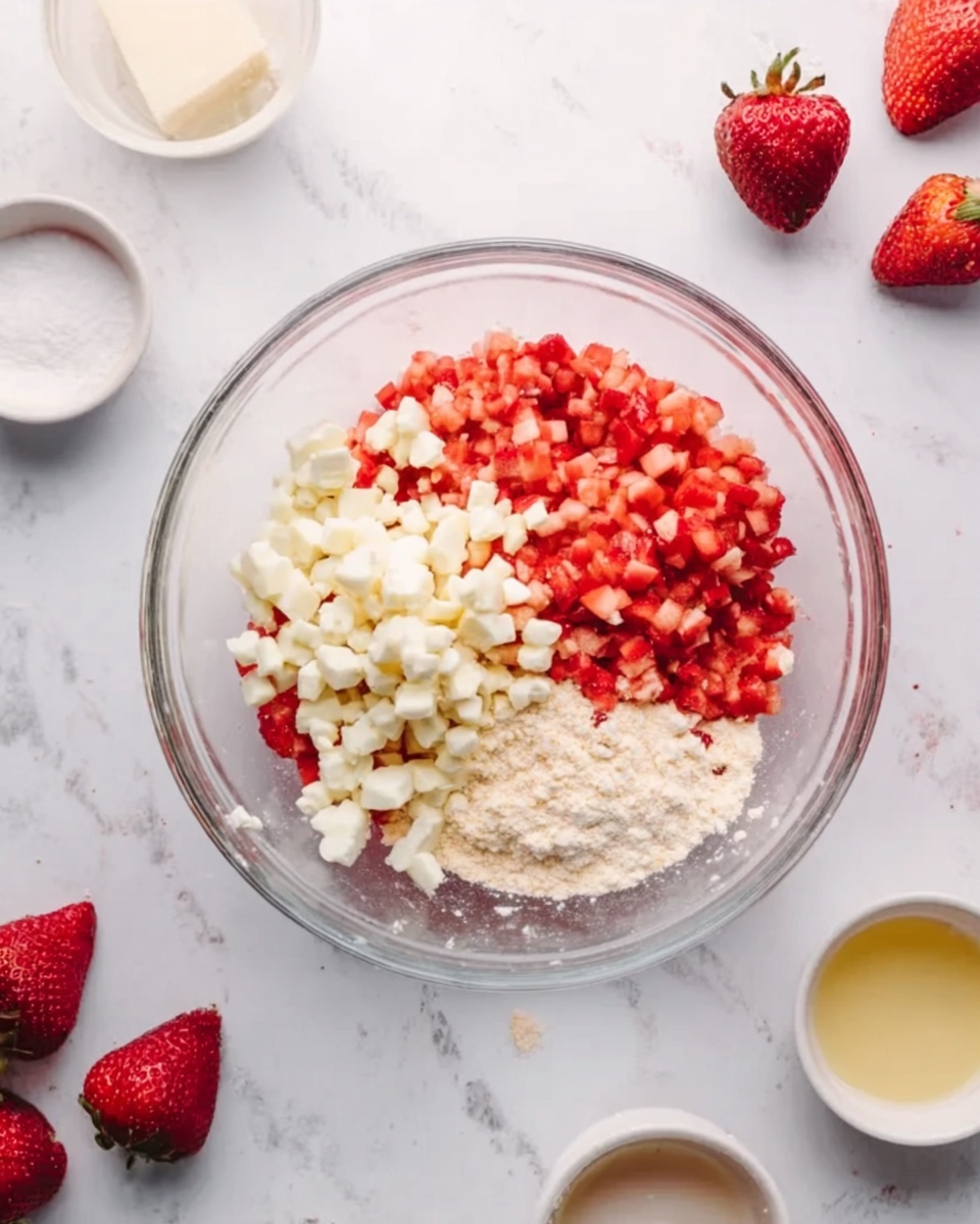 A clear glass bowl on a white marbled surface holds three distinct layers of ingredients: finely chopped red strawberries on the top right, small white chunks on the bottom left that look like cheese or small pieces of butter, and a light beige powdery layer on the right side. Around the bowl are a few whole red strawberries and small white bowls containing white and pale yellow powders or liquids. A woman's hand is partially visible near the top left corner, about to add or mix ingredients. Photo taken with an iphone --ar 4:5 --v 7