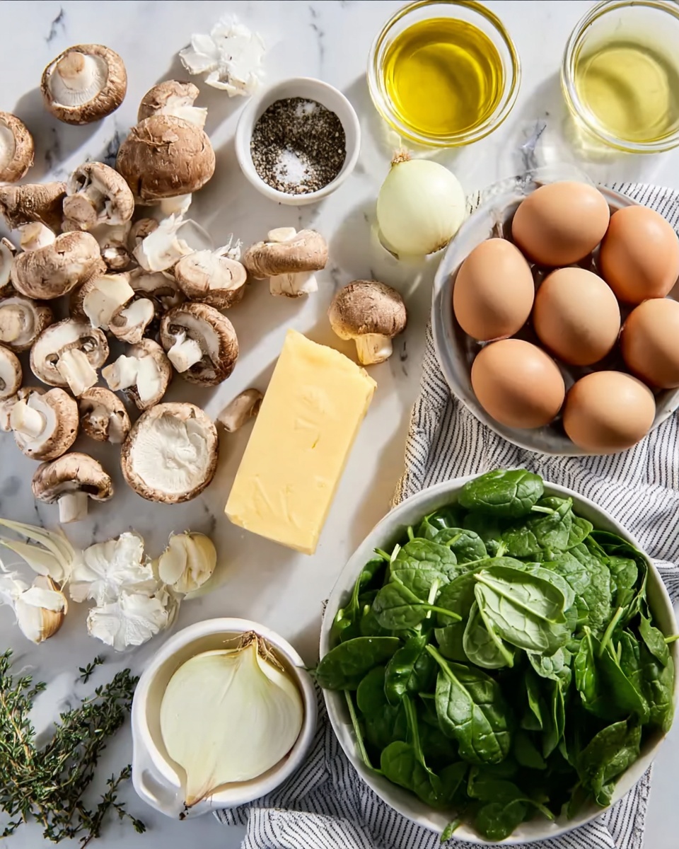 The image shows a top view of cooking ingredients arranged on a white marbled surface. There is a white bowl filled with fresh green spinach leaves on the right side, next to several whole brown eggs lying on a striped cloth. In the center, there is a block of yellow cheese with smooth texture. Multiple types of mushrooms with different shapes and colors, including white, beige, and light brown, are spread out on the left side. Around the mushrooms are small containers, one holding cloves of garlic, and another with a mix of salt and black pepper. There are two half onions placed in the upper right corner, with their skins partially removed. Two clear glass bowls contain a light yellow oil and a white liquid. Fresh thyme sprigs add a touch of green near the bottom left. photo taken with an iphone --ar 4:5 --v 7