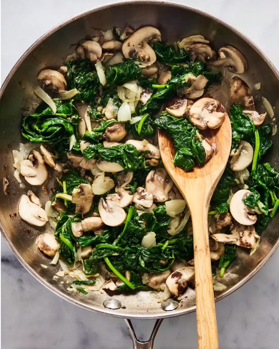 A round silver pan holds a cooked mix of green spinach leaves and various white and light brown mushrooms scattered evenly across the pan's surface. A single wooden spoon rests diagonally inside the pan, with its smooth texture and natural wood color contrasting against the cooked vegetables. The background features a white marbled surface, adding brightness and contrast to the earthy colors in the pan. photo taken with an iphone --ar 4:5 --v 7