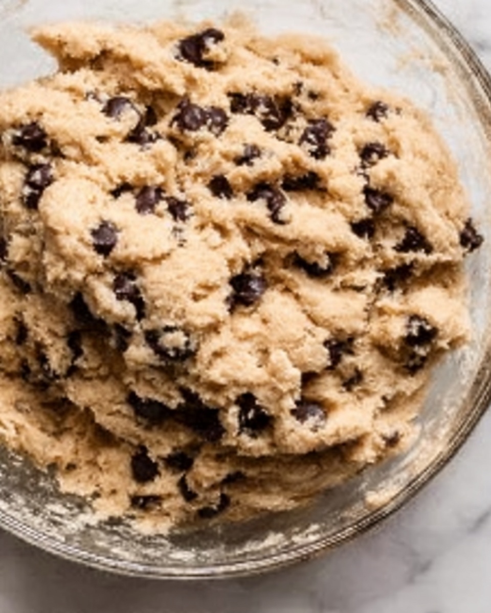 The image shows a close-up of cookie dough with chocolate chips mixed in. The dough is light brown with darker brown chocolate chips spread evenly throughout. It is placed in a clear glass bowl on a white marbled surface. Light reflects on the dough’s slightly rough texture, showing small lumps and soft patches. The bowl is filled almost to the top with thick dough that looks ready to bake. Photo taken with an iphone --ar 4:5 --v 7