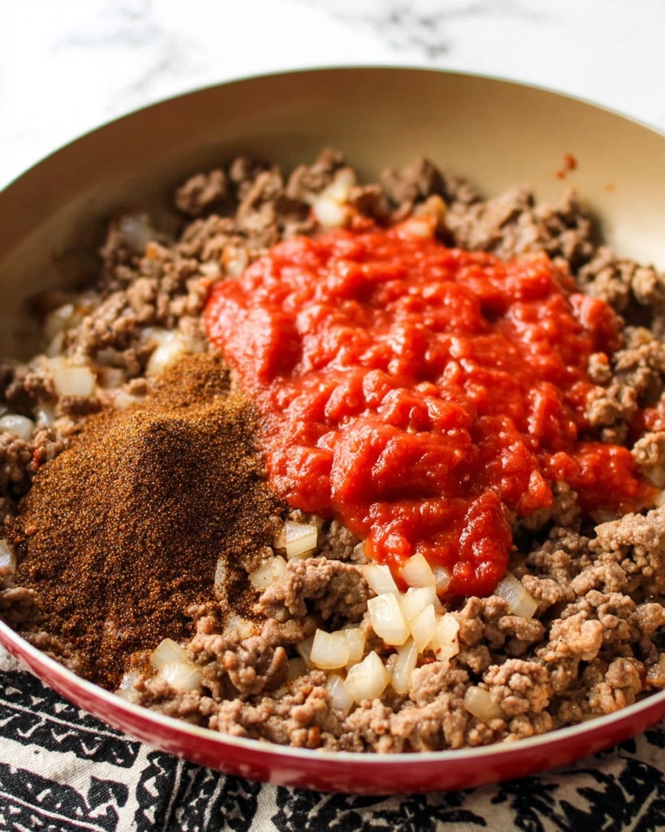 A close-up view of a red pan filled with cooked ground meat mixed with small white onion pieces. On top of the meat, there is a bright red chunky tomato sauce layered in the center. To one side of the tomato sauce, a pile of dark brown powdered spice contrasts with the meat's lighter brown color. The pan sits on a white marbled surface with a black and white patterned cloth underneath. The scene looks warm with natural light highlighting the textures of the meat, sauce, and spices photo taken with an iphone --ar 4:5 --v 7