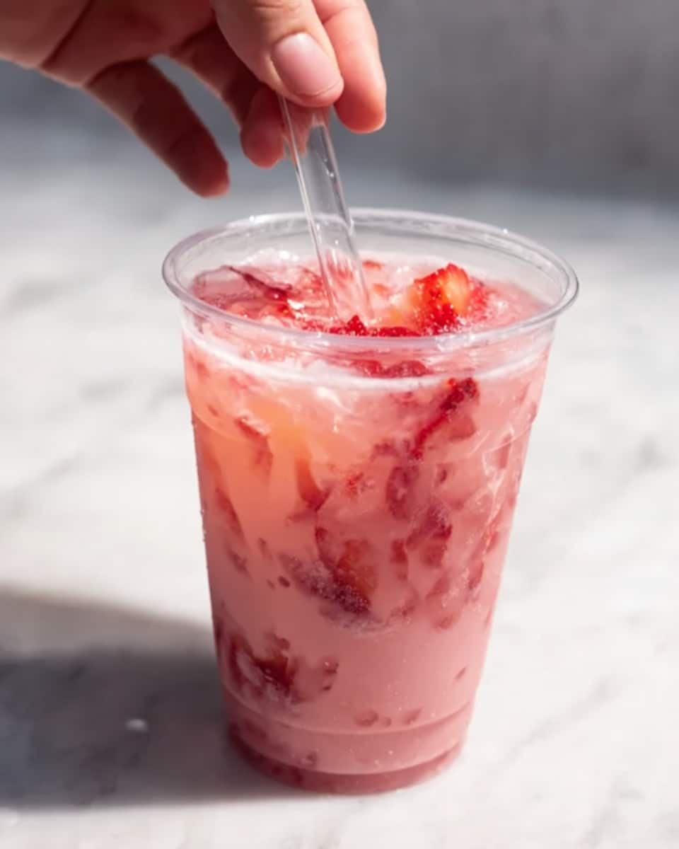 A clear plastic cup filled with a pink drink that has visible strawberry pieces mixed in throughout, creating a textured look with chunks and creamy liquid. The cup is placed on a white marbled surface. A woman's hand is holding a clear straw, stirring or dipping it into the drink from above, adding a sense of interaction and freshness to the scene. The overall color palette is soft pinks with red strawberry bits contrasted against the transparent cup and white marble background. Photo taken with an iphone --ar 4:5 --v 7
