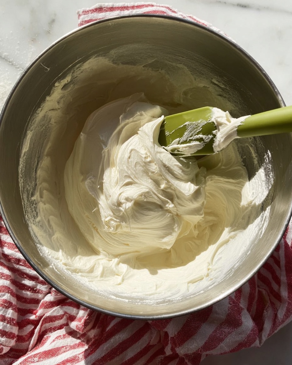 A close-up view of a large metal mixing bowl filled with a thick, creamy white mixture that has a smooth and fluffy texture with soft peaks. Inside the bowl rests a green silicone spatula with some cream clinging to it. The bowl sits on a white marbled surface partially covered by a red and white striped cloth. The scene is lit with natural light, showing the soft shadows and highlights on the creamy mixture. photo taken with an iphone --ar 4:5 --v 7