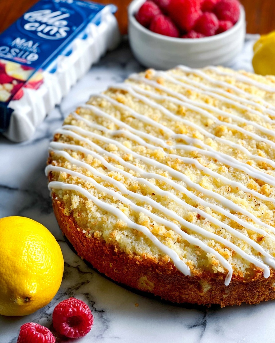 A close-up of a round crumb cake sitting on a white marbled surface, showing two main layers: the bottom layer is a golden brown, smooth cake, and the top layer is a crumbly, light yellow streusel with a rough texture. White icing is drizzled unevenly across the crumb topping, some dripping gently down the sides of the cake. In the blurred background, there is a white bowl full of red raspberries and some whole yellow lemons, all on the white marbled surface. Photo taken with an iphone --ar 4:5 --v 7