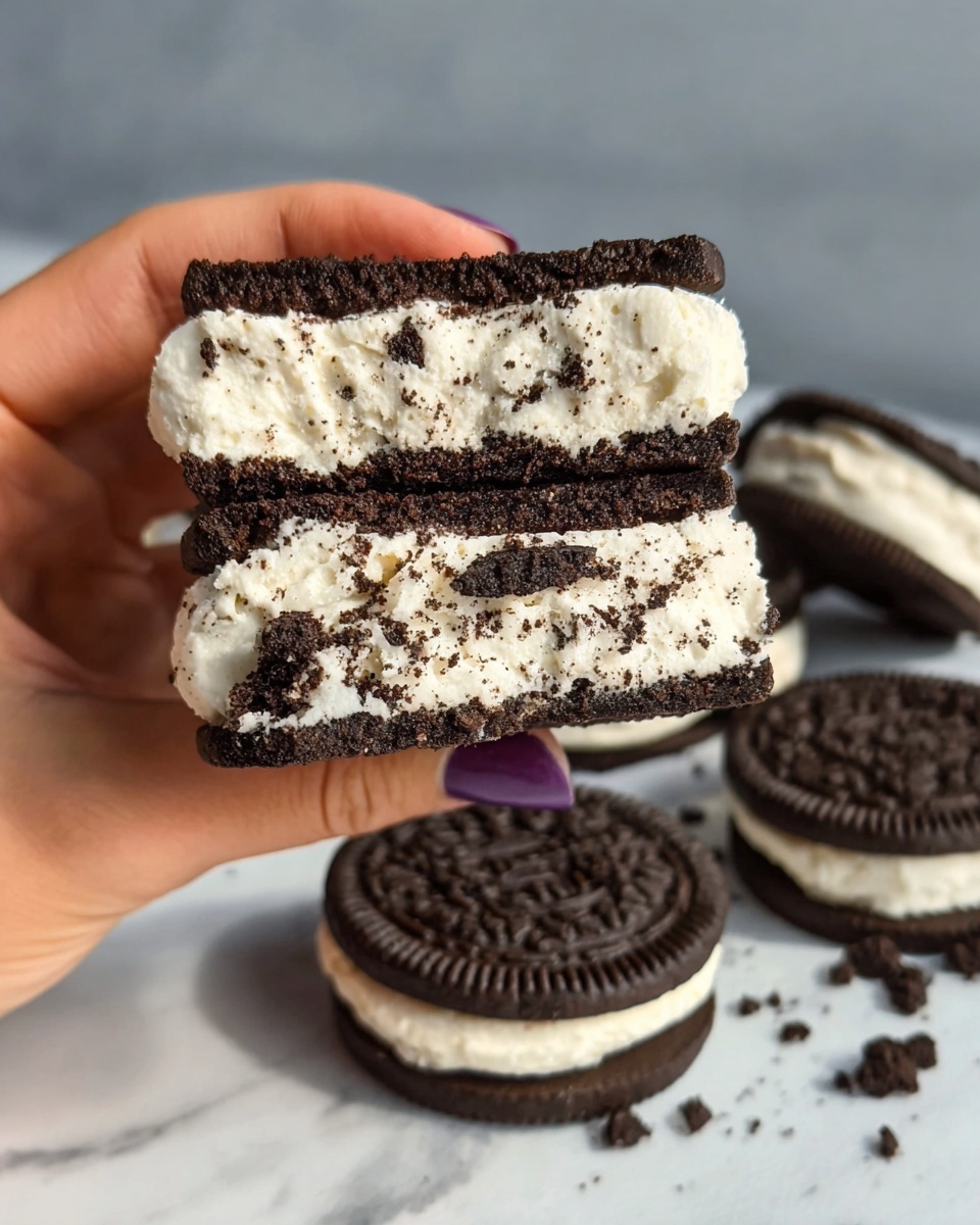 A woman's hand with purple polished nails holds a large sandwich cookie with three clear layers: the top and bottom are dark, crumbly chocolate cookie layers, and the thick middle layer is white cream mixed with small bits of cookie crumbs, giving it a speckled look; in the background, several whole sandwich cookies are stacked and two lie flat on a white marbled surface. photo taken with an iphone --ar 4:5 --v 7