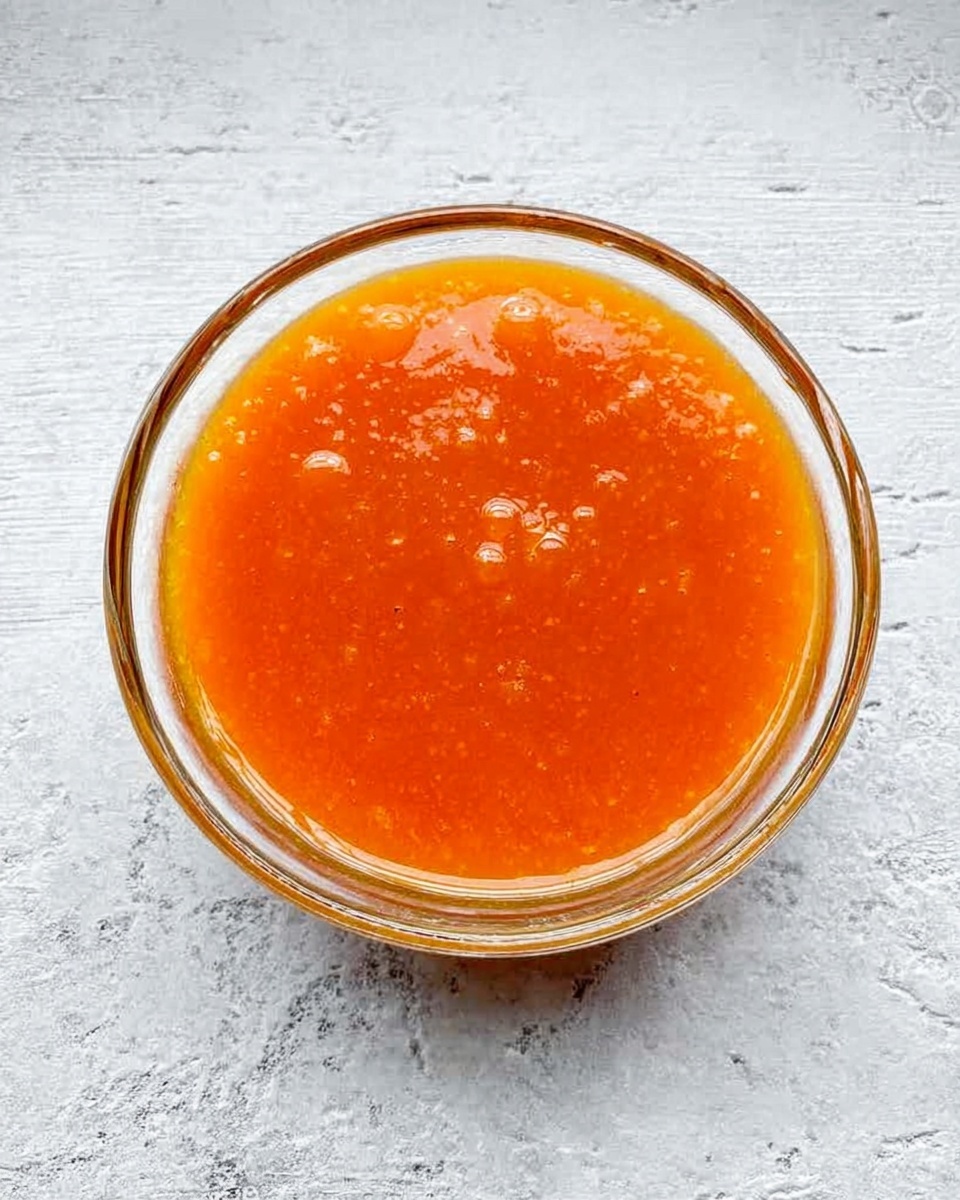A clear glass bowl filled with a smooth, bright orange sauce with a glossy surface and a few small bubbles, sitting on a white marbled textured surface, photo taken with an iphone --ar 4:5 --v 7