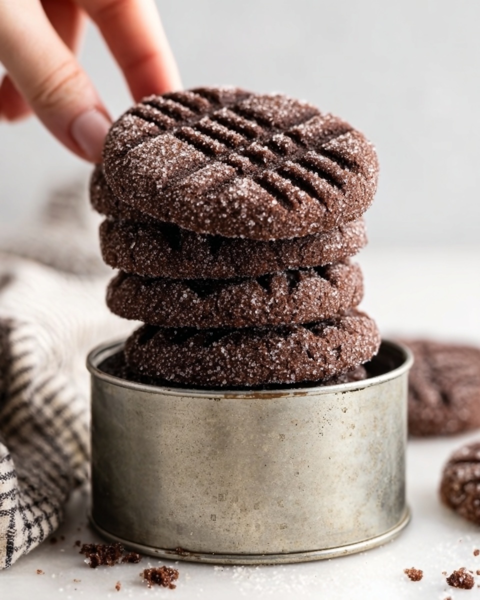 Chocolate Peanut Butter Cookies Recipe 5 The image shows several round chocolate cookies arranged closely on a white marbled surface. Each cookie has a cracked and rough texture with a sugary coating sparkling on top. There are distinct fork mark patterns pressed into the top of the cookies, giving a crosshatch design. The cookies are deep brown with some cracks and small crumbs around them, showing a rich, soft-looking texture inside. One cookie is in clear focus in the center, while others are blurred in the background, creating depth. Photo taken with an iphone --ar 4:5 --v 7