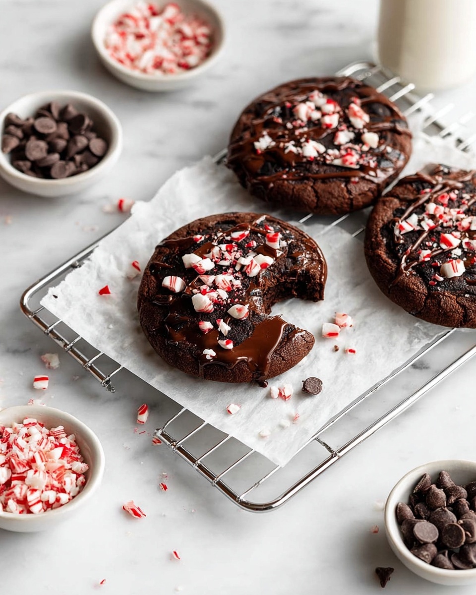 The image shows three round chocolate cookies on a white paper on top of a metal cooling rack. Each cookie has a dark brown, rich texture with visible chunks and is drizzled with melted chocolate. On top of each, there are small pieces of crushed red and white peppermint candy. One cookie is missing a bite, revealing a soft inside. Around the rack, there are small white bowls filled with red and white peppermint pieces, small dark chocolate chips, and cocoa powder, all placed on a white marbled surface. Photo taken with an iphone --ar 4:5 --v 7