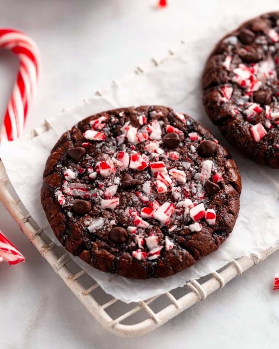Three thick layers of dark chocolate cookies are stacked on top of each other on a white surface with a white marbled texture. Each cookie layer is filled with large chunks of melted dark chocolate and small red and white peppermint pieces scattered inside. The cookies have a slightly cracked texture on top. In the background, there are blurred bottles of milk and a white bowl filled with chocolate chips. Some chocolate chips and a peppermint stick are scattered on the surface around the cookies. Photo taken with an iphone --ar 4:5 --v 7