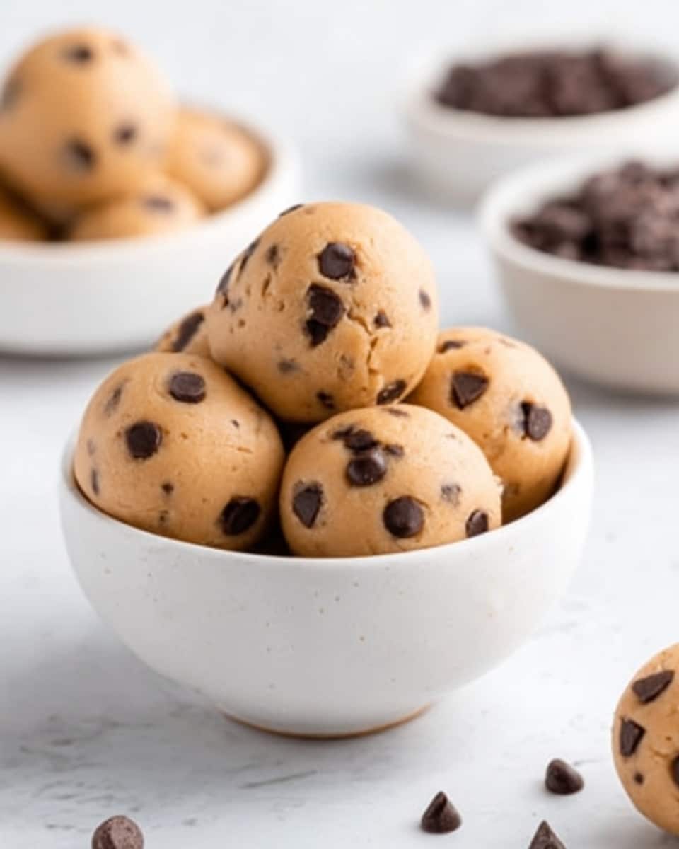 A white bowl filled with five round chocolate chip cookie dough balls, each light brown with scattered dark chocolate chips, set on a white marbled surface. In the blurred background, there is another white bowl filled with more cookie dough balls and a white bowl with chocolate chips. One cookie dough ball is placed outside the bowl on the right side. The image is bright and clear, showing a soft texture of the dough with chocolate chips embedded evenly. photo taken with an iphone --ar 4:5 --v 7