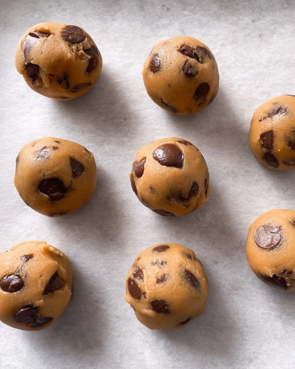There are seven balls of cookie dough with chocolate chunks on a white baking paper placed on a white marbled surface. The dough is light brown and smooth with shiny, dark brown chocolate pieces embedded all over the balls. The balls are round and evenly spaced, with a soft, doughy texture visible. Photo taken with an iphone --ar 4:5 --v 7