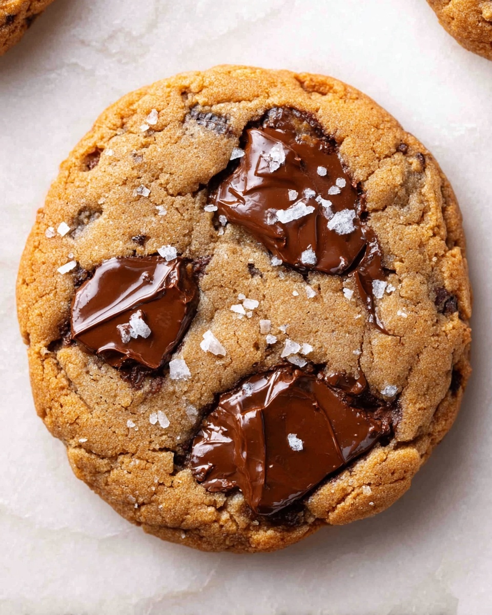 The image shows five round cookies with a golden brown color and a slightly cracked texture, each topped with large, glossy dark chocolate chunks that look melted and soft. The cookies rest directly on a white marbled textured surface, sprinkled lightly with coarse sea salt giving a slight shine and texture contrast. The cookies have a slightly raised edge and a soft-looking center, highlighting the rich chocolate pieces. The shot is close-up, capturing the rough, crumbly edges and shiny chocolate pieces clearly. photo taken with an iphone --ar 4:5 --v 7