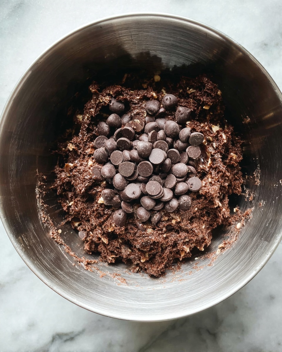 A close-up view of a silver mixing bowl on a white marbled surface filled with thick dark brown chocolate dough mixed with nuts. The dough has a rough texture and is studded with a generous layer of smooth, round, dark chocolate chips scattered on top. The bowl's shiny interior surface reflects light softly, and the dough sits centered in the bowl. Photo taken with an iphone --ar 4:5 --v 7