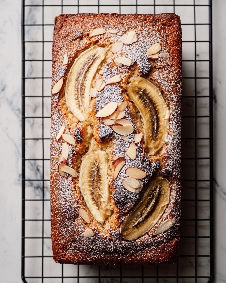 A rectangular loaf cake sits on a black cooling rack against a white marbled surface, showing one visible layer of golden brown sponge with a lightly cracked top. The top is decorated with two halves of a banana, slightly browned, placed side by side at the center. Scattered around the banana slices are thin, pale almond flakes. A light dusting of powdered sugar covers the top, adding a soft white contrast to the warm tones of the cake and banana. The texture looks soft and moist with a slightly crisp crust on the edges. photo taken with an iphone --ar 4:5 --v 7