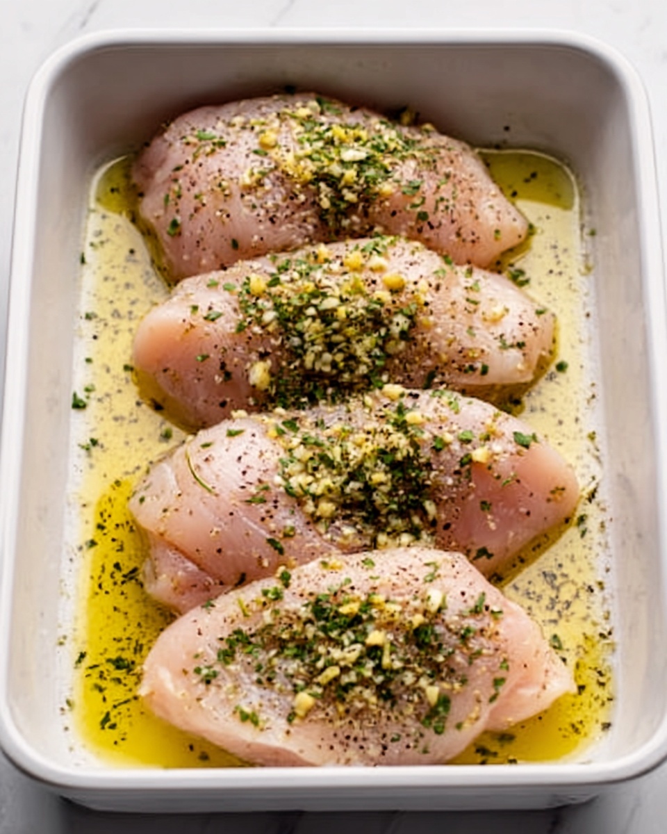The image shows a white baking dish filled with four layers of raw chicken pieces. Each chicken piece is pale pink with a smooth texture and sprinkled generously with green herbs, black pepper, and small bits of yellow garlic on top. The chicken is sitting in a thin layer of light yellow olive oil, giving it a slight shine. The background is a white marbled surface. Photo taken with an iphone --ar 4:5 --v 7