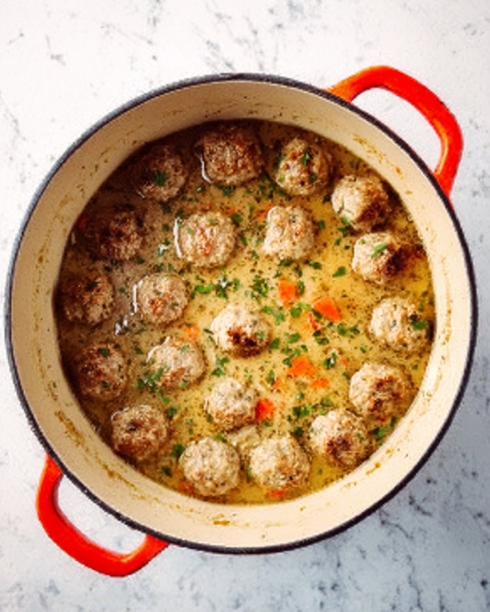 A white pot filled with several small brown meatballs cooking in a light beige broth. Small pieces of orange carrot and green herbs float in the broth around the meatballs. The surface beneath the pot is a white marbled texture. photo taken with an iphone --ar 4:5 --v 7