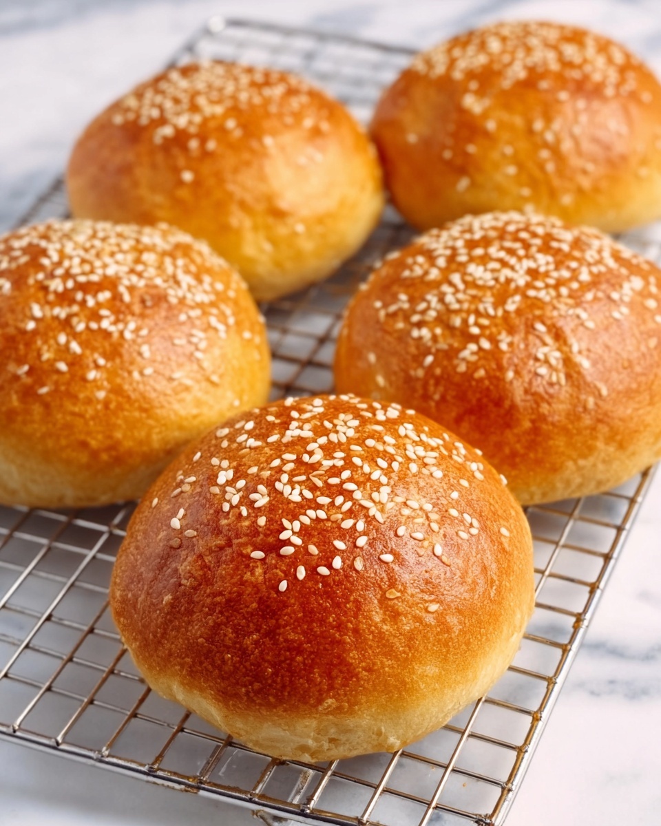 The image shows five golden brown buns with a smooth, shiny top sprinkled with white sesame seeds. The buns have a soft, round shape and sit evenly spaced on a silver wire cooling rack. The texture of the buns looks soft and slightly fluffy, with a warm, inviting color. The wire rack is placed on a white marbled surface, giving a clean and bright background to the warm-colored buns. photo taken with an iphone --ar 4:5 --v 7