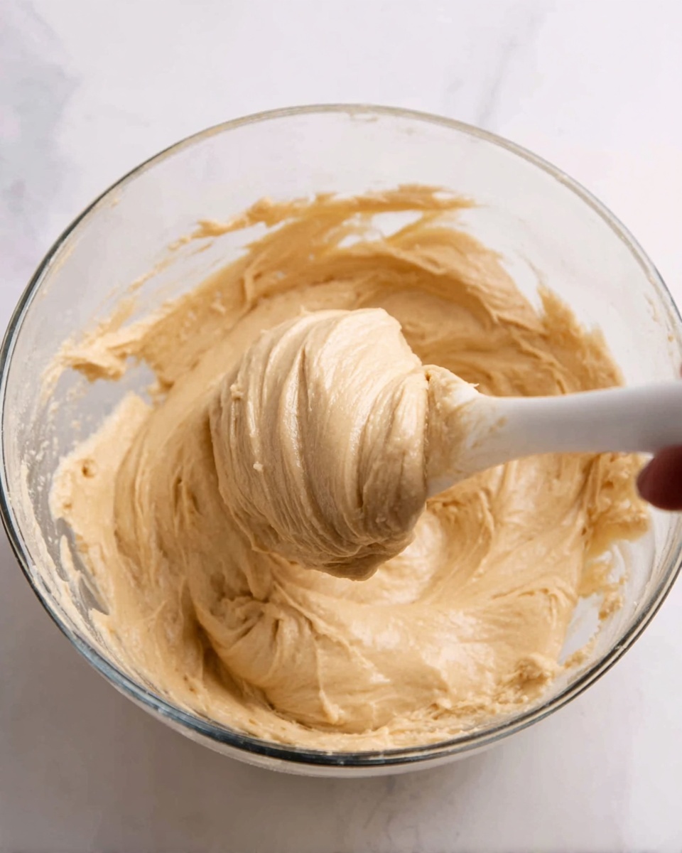 A clear glass bowl is filled with thick, creamy beige dough that has a smooth, slightly sticky texture with soft folds showing movement as it is being stirred by a white spatula. The dough fills the lower two-thirds of the bowl, with some dough clinging around the sides. A woman's hand is holding the spatula just above the dough, lifting some of it to show its elastic consistency. The bowl sits on a white marbled surface. Photo taken with an iphone --ar 4:5 --v 7