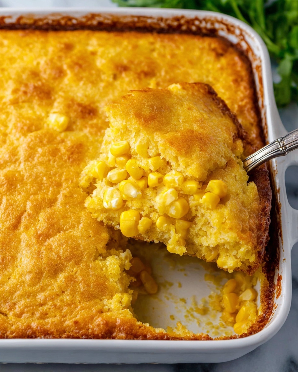 A close-up view of a golden corn casserole in a white rectangular baking dish with browned edges and a rough, crumbly surface. The casserole has a thick middle layer filled with bright yellow corn kernels mixed into a soft, dense batter that looks moist and slightly chunky. On the right side, a silver spoon lifts a portion, showing the thick inside texture and a bit of the crust. The dish sits on a white marbled surface with some green leafy vegetables blurred in the background. photo taken with an iphone --ar 4:5 --v 7