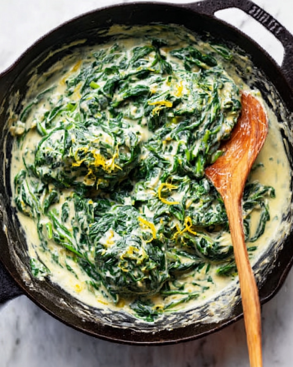 A creamy spinach dish in a black cast iron pan on a white marbled surface, showing three large clumps of spinach covered in a thick light green cream sauce with dark green spinach leaves visible. There are small bits of yellow lemon zest scattered on top. A woman's hand holds a wooden spoon on the right side of the pan, partially dipped into the creamy mixture. The texture shows the cream sauce coating the spinach unevenly with some parts thicker and some sharper edges on the spinach leaves. Photo taken with an iphone --ar 4:5 --v 7