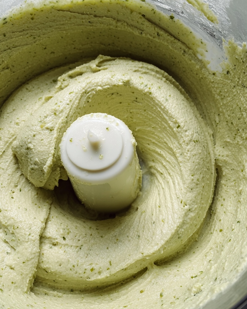 The image shows a close-up view of a creamy pale green mixture with a smooth, slightly thick texture inside a metal food processor bowl. The mix has tiny darker green specks scattered throughout and appears well blended. At the center, there is a white plastic blade holder, surrounded by the thick, even layers of the mixture that fold softly around it. The surface of the mixture looks slightly shiny with a few textured areas. The background is a white marbled texture. photo taken with an iphone --ar 4:5 --v 7