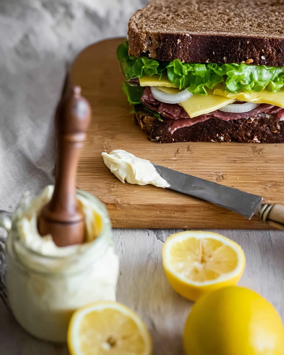 The image shows a close-up of a sandwich with two dark brown bread slices on a light wood board. Inside the sandwich, there are layers of green lettuce, thin slices of meat which are deep pink, a piece of yellow cheese, and thinly sliced white onions. Next to the sandwich, there is a metal spreader knife with a light creamy spread on it. In the foreground, there is a white jar filled with pale yellow mayonnaise and two lemon halves, one of which is being squeezed with a wooden lemon press. The background is a white marbled surface with the wooden board on top photo taken with an iphone --ar 4:5 --v 7
