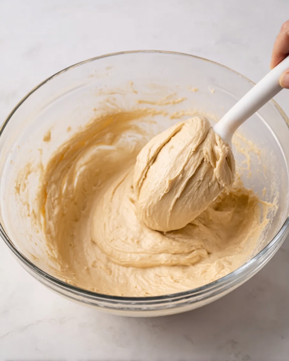 A close-up view of a clear glass bowl filled with smooth, creamy light beige batter spread evenly with soft peaks and gentle swirls on the surface, the texture looking rich and fluffy with small vanilla specks dispersing throughout, placed on a white marbled texture background, photo taken with an iphone --ar 4:5 --v 7