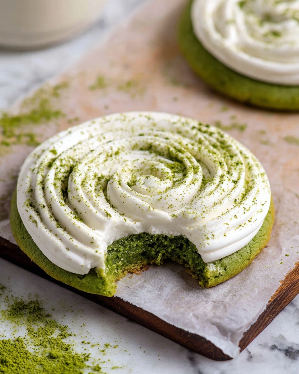 The image shows close-up of several round green cookies, each topped with a smooth white frosting that is piped in a spiral pattern from the edge to the center. The cookies have a bright green color with a soft texture, while the frosting looks creamy and thick. On top of the frosting, there is a light dusting of fine green powder, evenly scattered, which adds a hint of texture and color contrast. The cookies rest on a light gray surface with a subtle pattern, and there is a white plate with a small amount of the same green powder visible in the background on a white marbled texture. photo taken with an iphone --ar 4:5 --v 7
