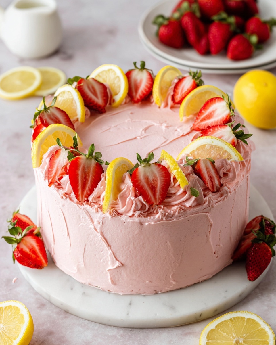 The image shows a round cake covered in smooth, light pink frosting with soft swirls. On top, the cake is decorated with a single layer of fresh strawberry halves and thin lemon slices placed alternately around the edge, creating a colorful crown of red, yellow, and green from the strawberry leaves. The cake sits on a white marbled surface with a few strawberry halves and lemon slices scattered around. In the background, there is a white plate filled with whole strawberries. Photo taken with an iphone --ar 4:5 --v 7