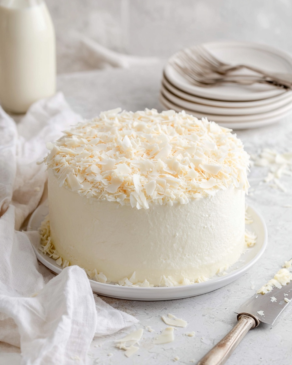 A round cake with smooth white frosting covers all sides evenly. On top, there is a thick layer of white chocolate shavings scattered to create a rough, textured look. The cake sits on a white plate placed on a white marbled surface. Nearby, a white cloth and a butter knife with some frosting on it rest casually. In the background, a stack of white plates with two forks on top and a bottle of milk are visible but blurred. photo taken with an iphone --ar 4:5 --v 7