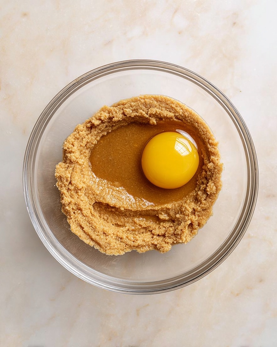 A clear glass bowl sits on a white marbled surface, containing two layers. The bottom layer is a thick, grainy light brown paste with a slightly uneven texture, covering most of the bowl’s base. On top, near one side, rests a whole raw egg yolk, smooth and shiny with a bright yellow color, contrasting with the brown paste. The bowl edges and surface around the mixture are clean and clear, catching soft light. photo taken with an iphone --ar 4:5 --v 7