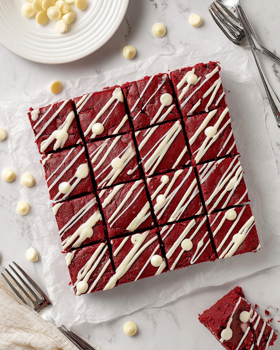 A square red dessert with a cracked shiny surface is cut into 16 equal smaller squares, each showing a rich, deep red color. The top is decorated with thin white drizzle lines of cream in a scattered crisscross pattern, with a few larger droplets adding texture. The dessert sits on white parchment paper on a white marbled surface. Nearby are scattered white chocolate chips, a white plate with a few chips on the edge, and two silver forks beside the dessert. Photo taken with an iphone --ar 4:5 --v 7