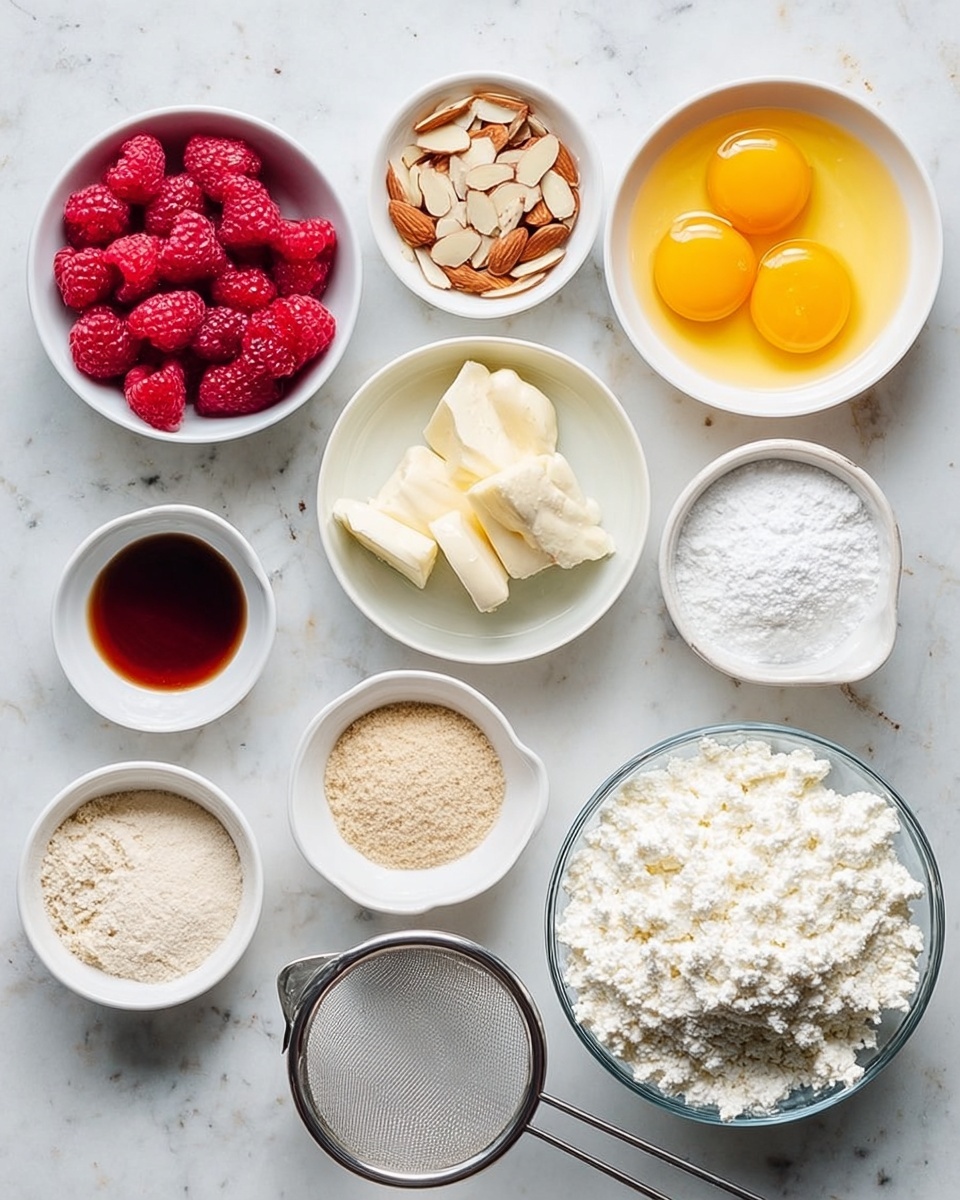 A top view of baking ingredients arranged neatly on a white marbled surface. There are eleven small white dishes and bowls: one filled with bright red raspberries, one with three raw eggs showing shiny yellow yolks, one with melted golden butter in a glass measuring cup, one with sliced almonds, one with white baking powder, one with light brown sugar, one with white granulated sugar in a mesh strainer, one with dark vanilla extract, one with salt, one with white flour, and one clear glass bowl with white, crumbly ricotta cheese. The different colors and textures are clearly visible, showing a bright and clean kitchen setup. photo taken with an iphone --ar 4:5 --v 7