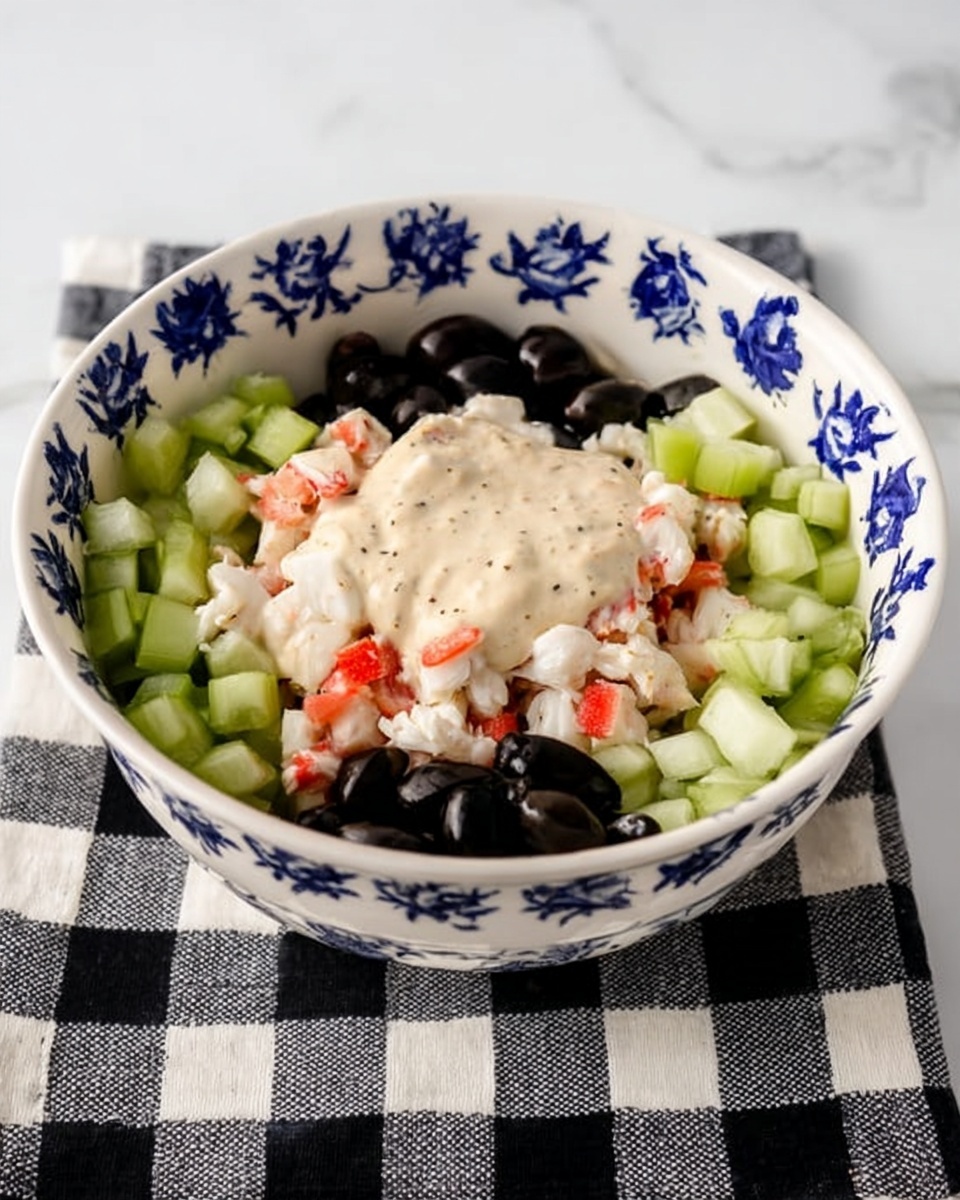 A white bowl with blue floral patterns holds a salad with three main layers: the bottom layer is chopped black olives with a smooth, dark texture; the middle layer shows light green diced celery pieces adding a fresh crunch; the top layer has chunks of white and red imitation crab meat spread evenly; in the center, there is a dollop of creamy, off-white sauce with specks of black seasoning. The bowl is placed on a black and white checkered cloth over a white marbled surface. Photo taken with an iphone --ar 4:5 --v 7