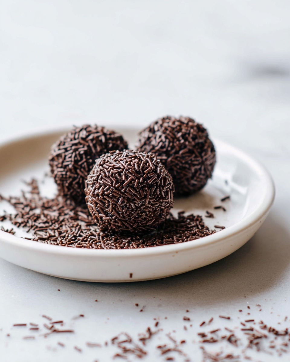 The image shows three round chocolate balls covered with dark brown sprinkles, stacked closely on a white plate. One chocolate ball at the top is bitten, revealing a smooth, shiny dark chocolate filling inside. The plate rests on a white marbled surface with some chocolate sprinkles scattered around. The chocolate balls have a rough texture from the sprinkles, and the rich, glossy filling inside contrasts with the matte exterior. photo taken with an iphone --ar 4:5 --v 7