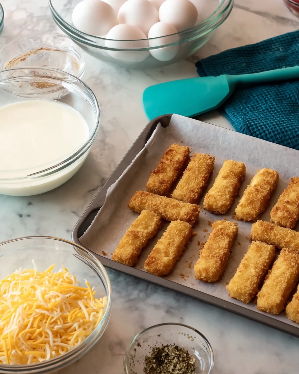 The image shows a white tray lined with parchment paper holding thirteen golden-brown fish sticks arranged in neat rows near the bottom left. Behind the tray on a white marbled surface are three clear glass bowls: the largest bowl at the back contains a white liquid, the medium bowl holds four whole white eggs, and the smallest bowl is filled with shredded yellow cheese. There is also a tiny glass bowl with a green and black seasoning mix near the cheese. A teal spatula and a teal towel are placed near the back, adding a pop of color to the setup. photo taken with an iphone --ar 4:5 --v 7