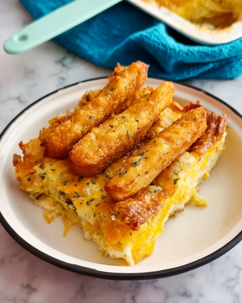 A white plate with a black rim holds a layered baked dish with about two main layers. The bottom layer is golden yellow and slightly crispy with a mix of melted cheese and bits of herbs scattered throughout. On top, there are several golden brown crispy sticks arranged in a row, adding a crunchy texture. The melted cheese looks soft and stringy between the layers. The plate is on a white marbled surface with a blue cloth and a light blue spatula visible in the background. photo taken with an iphone --ar 4:5 --v 7