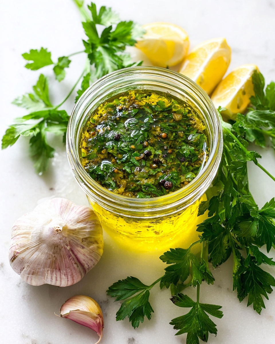 A clear glass jar filled with a two-layered sauce; the bottom layer is bright yellow olive oil while the top layer is finely chopped dark green fresh herbs mixed with specks of black pepper. Surrounding the jar are fresh green parsley sprigs, a whole garlic bulb with light white and pink skin, and two lemon halves showing light yellow flesh with white rind. All items rest on a white marbled surface. photo taken with an iphone --ar 4:5 --v 7