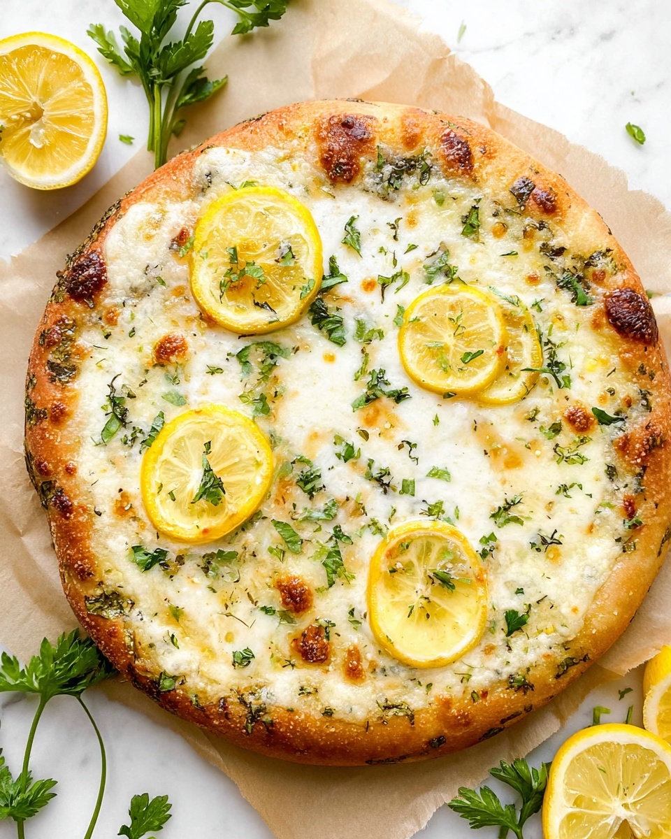 A round pizza with one thick golden-brown crust layer on the outside, topped by a creamy white cheese base with patches of melted cheese that have light brown spots from baking. Scattered over the cheese are small green herb pieces and three thin yellow lemon slices evenly spaced. Fresh green parsley leaves are spread across the pizza, adding contrast with the white and yellow colors. The pizza sits on a piece of light brown paper on a white marbled surface, with sprigs of parsley and lemon halves around it. Photo taken with an iphone --ar 4:5 --v 7