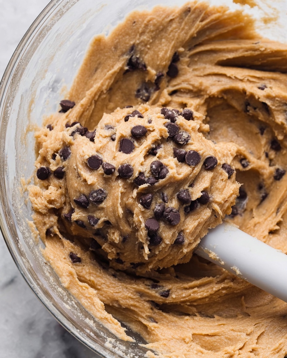 The image shows a close-up of thick, creamy cookie dough full of dark brown chocolate chips. The dough is light brown with a slightly grainy texture, swirling smoothly in a clear glass bowl. A white spatula is partly visible in the bottom center, holding a generous scoop of the dough. The background features a white marbled texture. Photo taken with an iphone --ar 4:5 --v 7