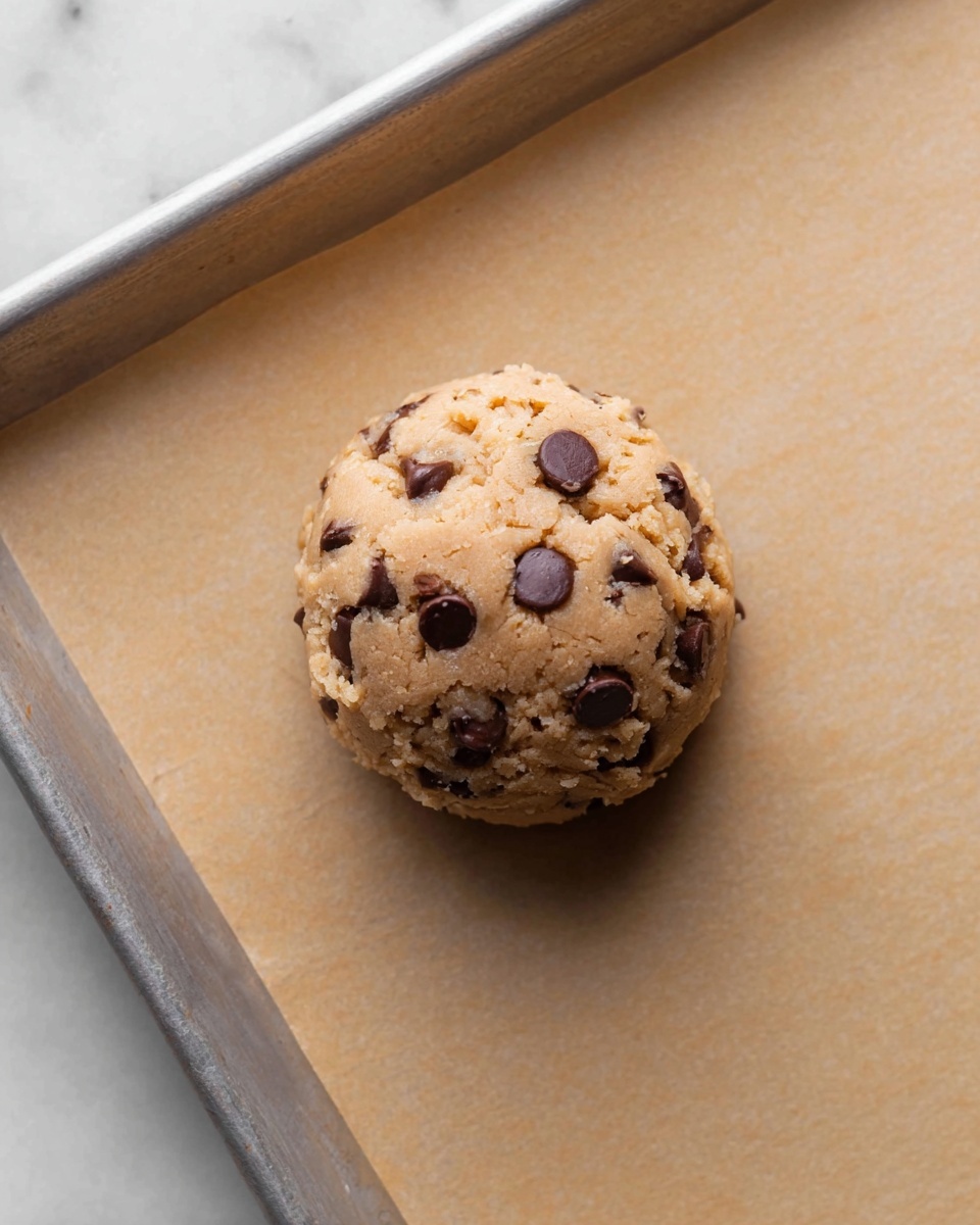 A single round ball of cookie dough sits on a beige baking paper-lined pan. The dough is light brown and smooth with a slightly rough texture, studded evenly on the top with dark brown chocolate chips. The dough mound is slightly raised and has a soft, slightly moist appearance. The pan edges are metallic grey, framing the centered dough ball. The scene is lit softly, showing the texture and colors clearly with a white marbled surface in the background. photo taken with an iphone --ar 4:5 --v 7