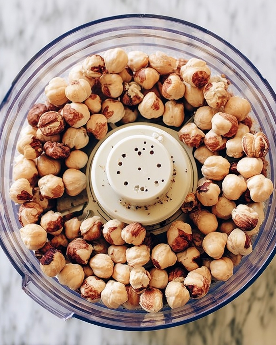 A clear food processor bowl filled with many small, round hazelnuts that have a mix of light beige and brown colors with a few darker patches. The hazelnuts rest around a central white plastic part with some black specks on it. The bowl is transparent, showing the details of the nuts inside, all placed on a white marbled surface. photo taken with an iphone --ar 4:5 --v 7
