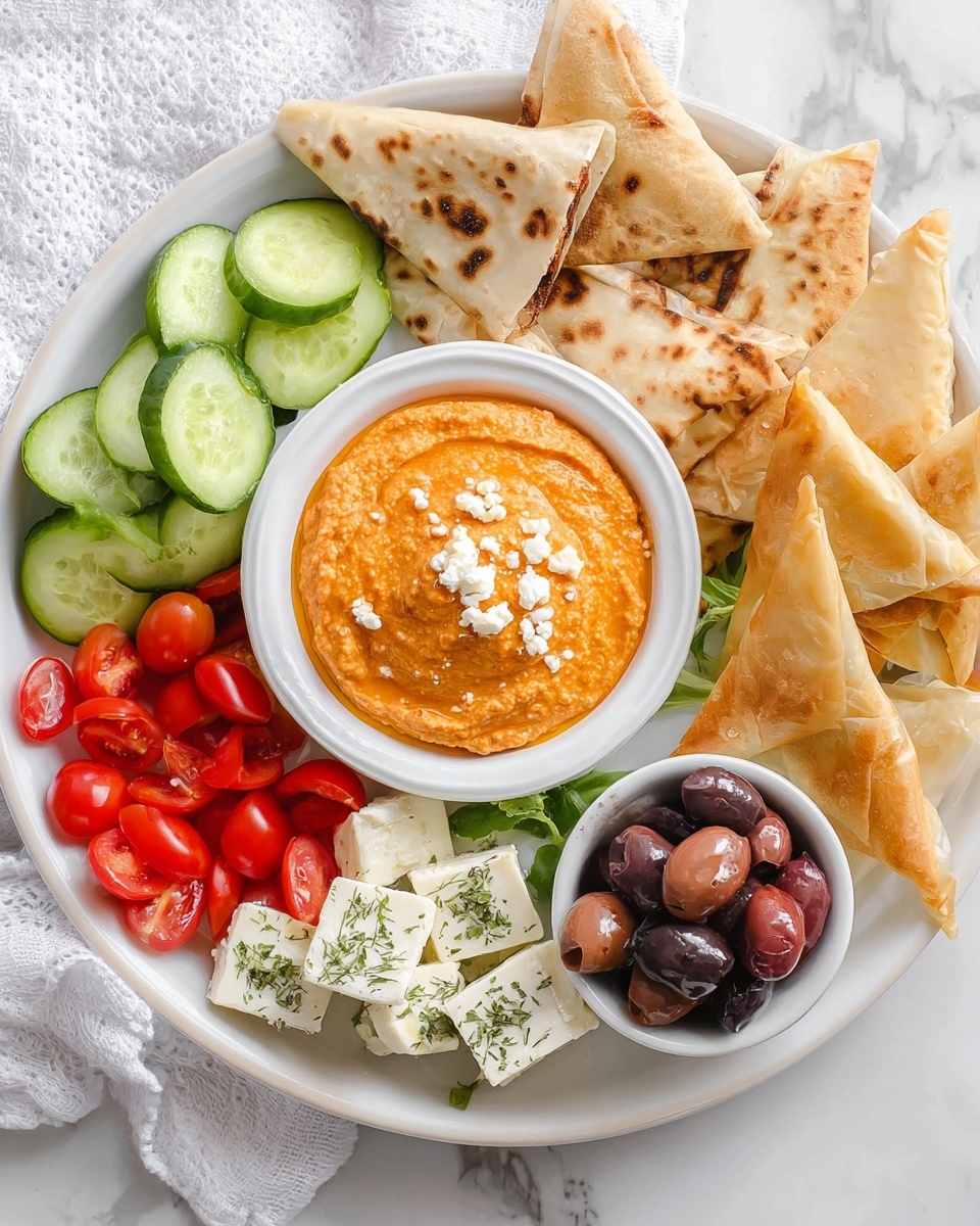 The white plate has six sections of food: a center bowl of bright orange dip topped with small white crumbs, sliced light brown pita bread with darker brown spots around the rim, green cucumber slices with a fresh texture on the left, shiny red grape tomatoes next to the pita, several white rectangular pieces of cheese with green herbs on top beside the tomatoes, a small white bowl filled with dark brown and black olives, and several triangular golden-brown filo pastries with a flaky texture arranged near the olives. The plate is on a white marbled surface with a white cloth nearby. photo taken with an iphone --ar 4:5 --v 7