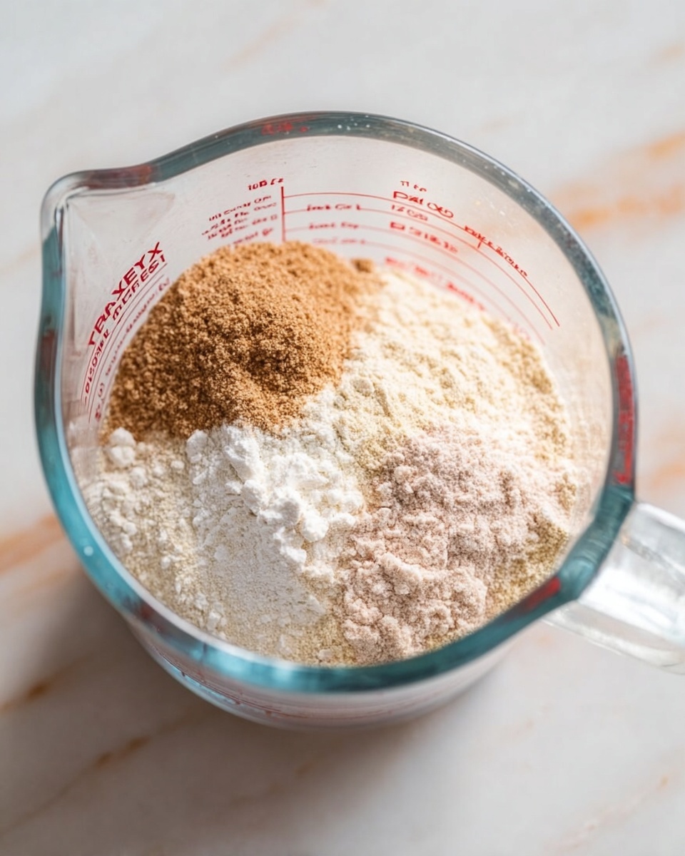 A clear glass measuring cup sits on a white marbled surface, filled with four layers of dry ingredients. The bottom layer is a light beige powder covering the whole base. On top, there are three distinct piles: a medium brown powder on the left, a pure white powder on the right, and a pale pinkish-white powder slightly below and between the white and brown powders. The measuring cup is seen from above, showing red measurement numbers and the Pyrex logo on the side. The lighting is soft and natural, highlighting the textures of the powders inside the cup photo taken with an iphone --ar 4:5 --v 7