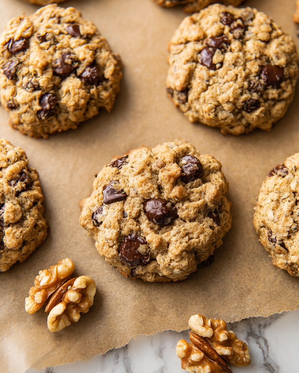 The image shows two cookies on a white marbled surface, each with a rough texture and golden-brown color. The cookies have multiple layers, with crunchy chunks of walnuts and glossy dark chocolate chips scattered throughout the top and middle parts. The cookies appear thick and soft with slightly uneven edges, adding to their homemade look. Photo taken with an iphone --ar 4:5 --v 7