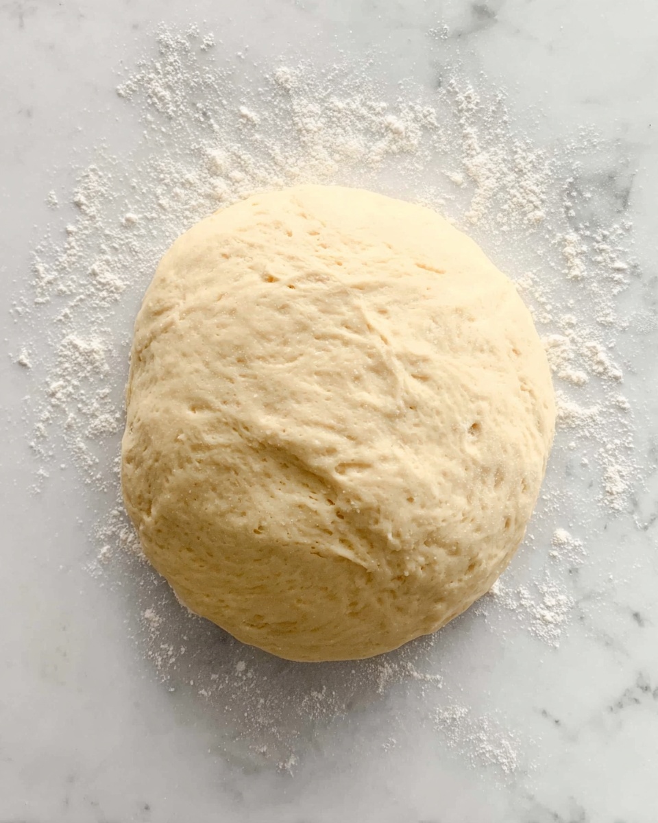 A round ball of light beige dough rests on a white marbled surface, with small patches of flour scattered around it. The dough shows subtle texture with slight indentations and smooth areas, looking soft and slightly sticky, ready for baking or further preparation. The photo taken with an iphone --ar 4:5 --v 7