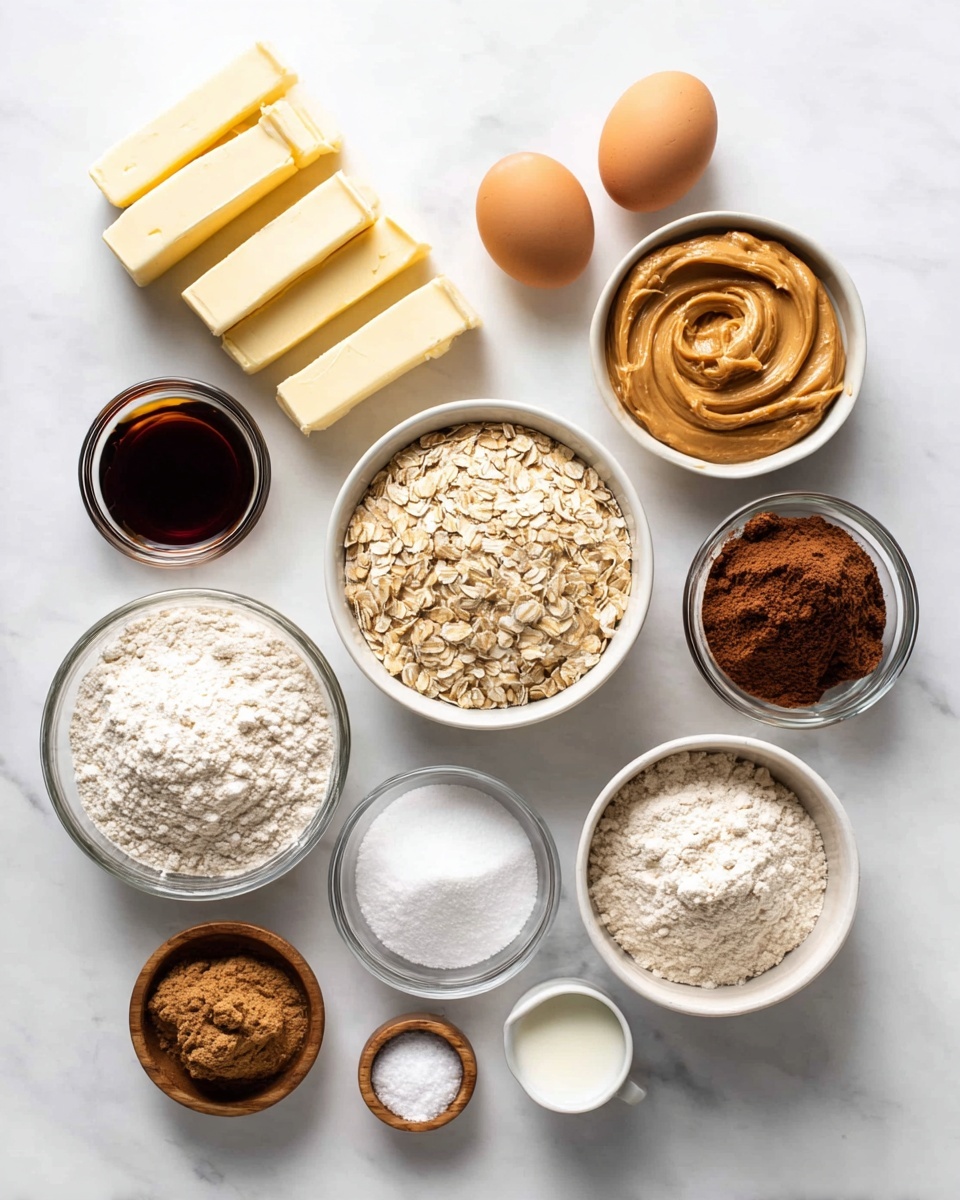 A neat arrangement of baking ingredients on a white marbled surface features three sticks of pale yellow butter stacked in the top center, two light brown eggs to the left near a small glass bowl of dark vanilla extract. Below the eggs is a white bowl filled with smooth, creamy peanut butter. A clear bowl of oatmeal sits centrally, surrounded by a white bowl of fine white sugar on the lower left and a similar bowl of packed brown sugar near the bottom. To the right of the oats are three more small clear bowls, one with white flour, one with light tan flour, and one with deep brown cocoa powder. A small white cup of milk sits near the cocoa, and two small wooden bowls in front hold white salt and white baking soda. Everything is arranged with care and clarity on the smooth white marbled background, photo taken with an iphone --ar 4:5 --v 7