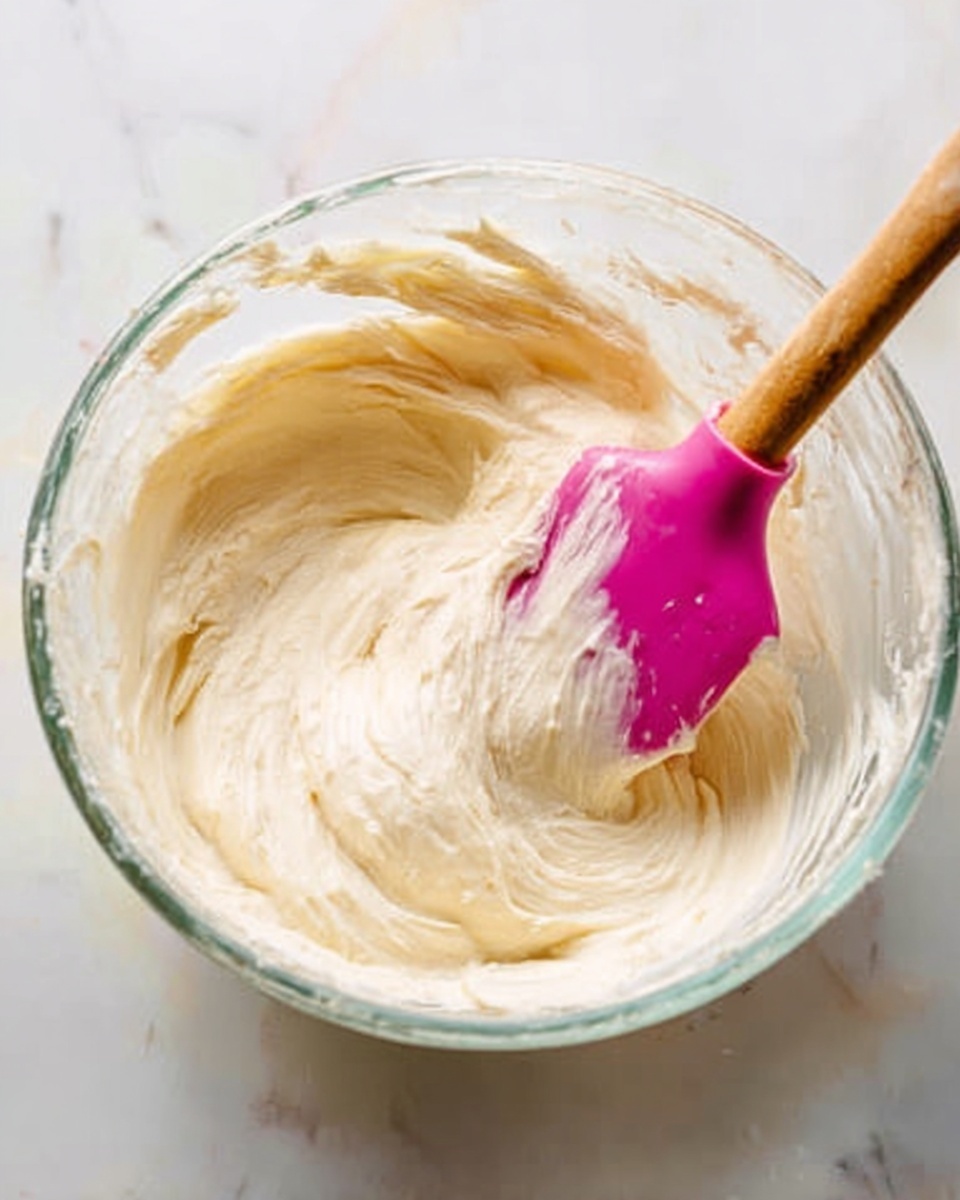A clear glass bowl filled with thick creamy off-white batter, showing smooth and slightly swirled texture all around. A bright pink silicone spatula with a wooden handle is gently resting inside the bowl, partially covered in the batter. The bowl is placed on a white marbled surface. Photo taken with an iphone --ar 4:5 --v 7
