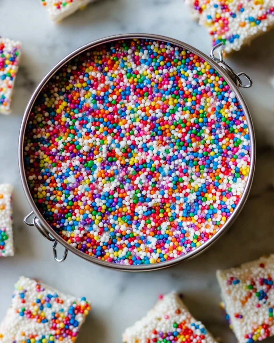 The image shows a close-up of a metal round container filled to the top with small, colorful round sprinkles in bright colors like red, blue, yellow, white, green, orange, and purple. The sprinkles are tightly packed and cover the entire surface of the container. Around the container, on a white marbled surface, there are square pieces of white treat with colorful sprinkles on them as well. The metal container has a small handle attached on the side. photo taken with an iphone --ar 4:5 --v 7