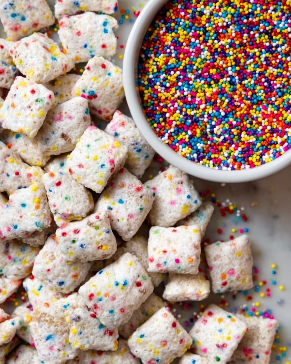 A clear glass bowl filled with small square cereal pieces covered in white powder and colorful round sprinkles sits on a white marbled surface. Some of the cereal pieces are scattered in front of the bowl, showing their textured sugar coating and the bright sprinkles in red, blue, yellow, green, and pink. The background is blurred, focusing attention on the detailed cereal pieces and their fun, colorful appearance. photo taken with an iphone --ar 4:5 --v 7